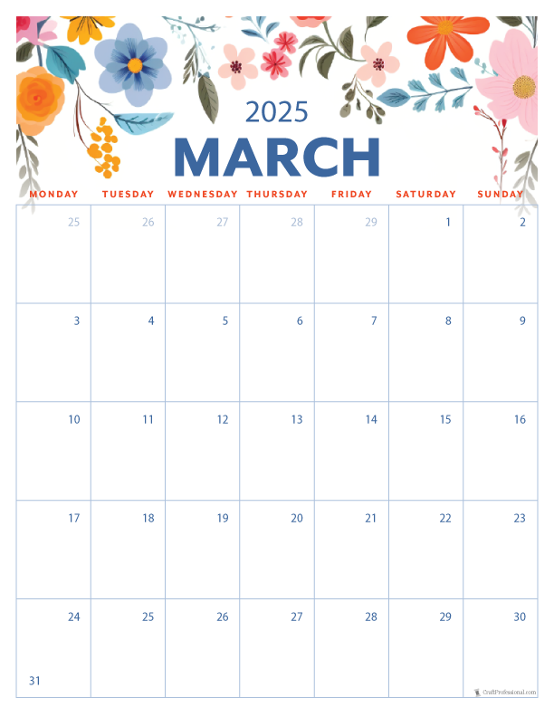 March 2025 printable calendar, Monday start, vertical folk art design