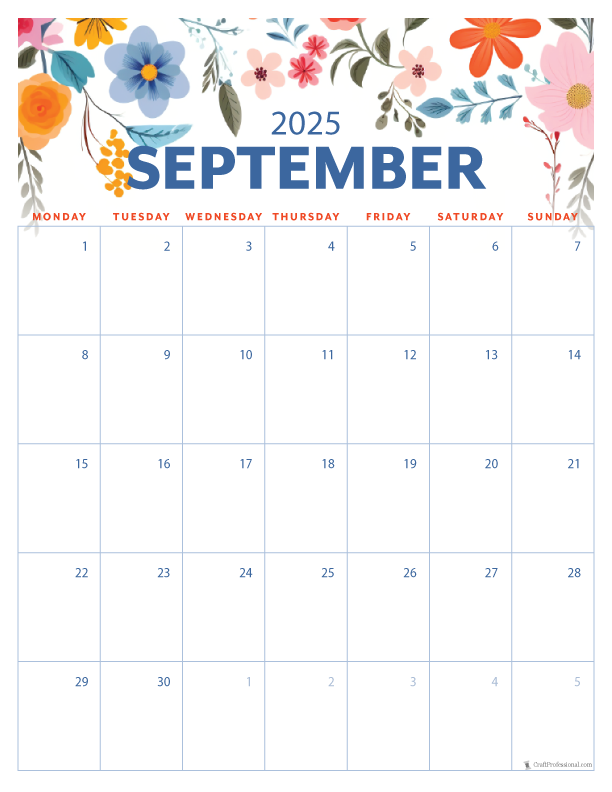 September 2025 printable calendar, Monday start, vertical folk art design
