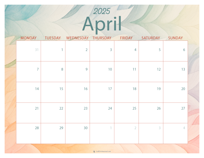 April 2025 printable calendar, Monday start, watercolor design