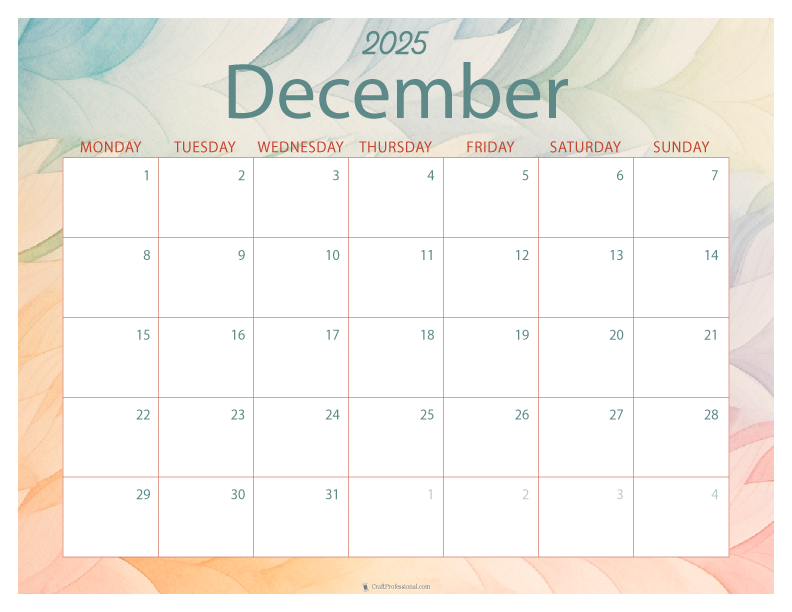 December 2025 printable calendar, Monday start, watercolor design