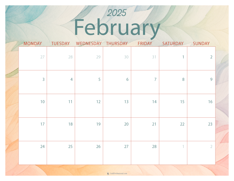 February 2025 printable calendar, Monday start, watercolor design