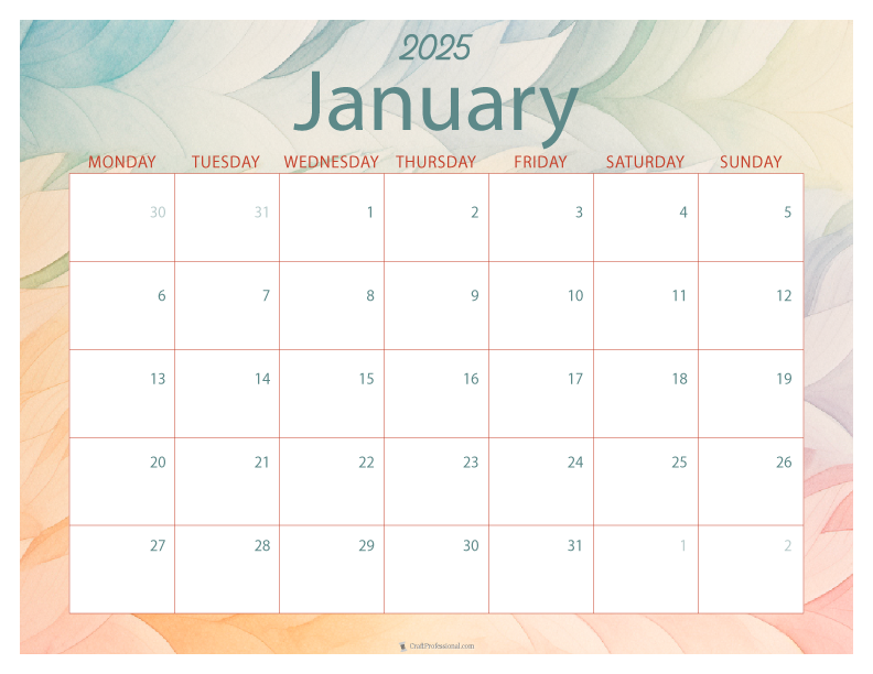 January 2025 printable calendar, Monday start, watercolor design