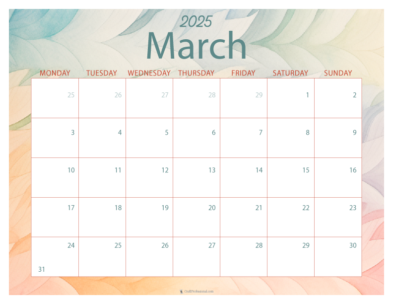 March 2025 printable calendar, Monday start, watercolor design
