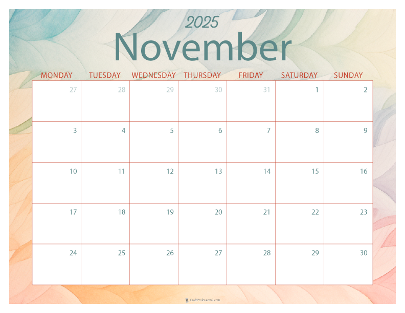 November 2025 printable calendar, Monday start, watercolor design