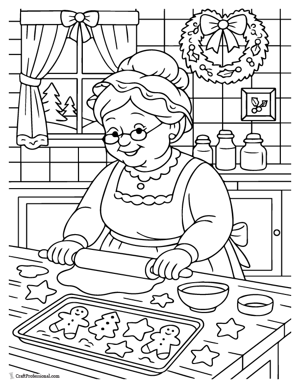 Mrs. Claus in the kitchen baking cookies, coloring page.