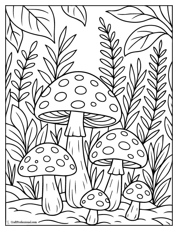 Spotted mushrooms on a forest floor coloring page