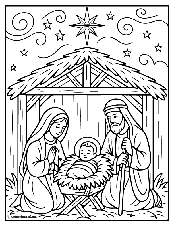 Nativity, manger scene with star of Bethlehem, coloring sheet.