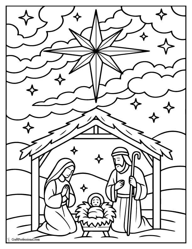 Nativity scene with star of Bethlehem, coloring page.