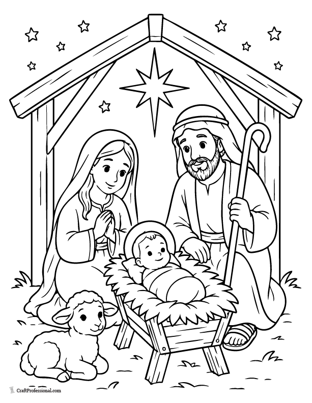Nativity scene coloring page for Sunday school with baby Jesus, Mary, Joseph, a stable, and the Christmas star.