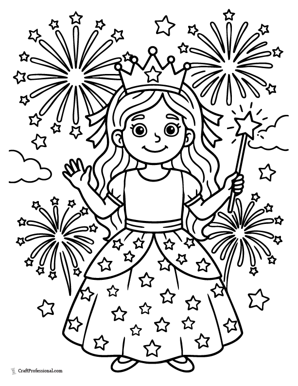 New Year princess coloring page with fireworks