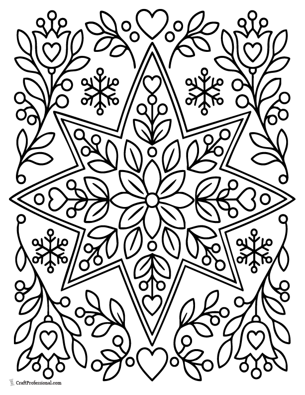 Nordic folk-art Christmas star coloring page with decorative holiday patterns.