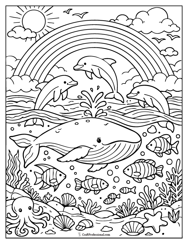 Ocean-themed rainbow coloring page with dolphins, fish, and a whale.