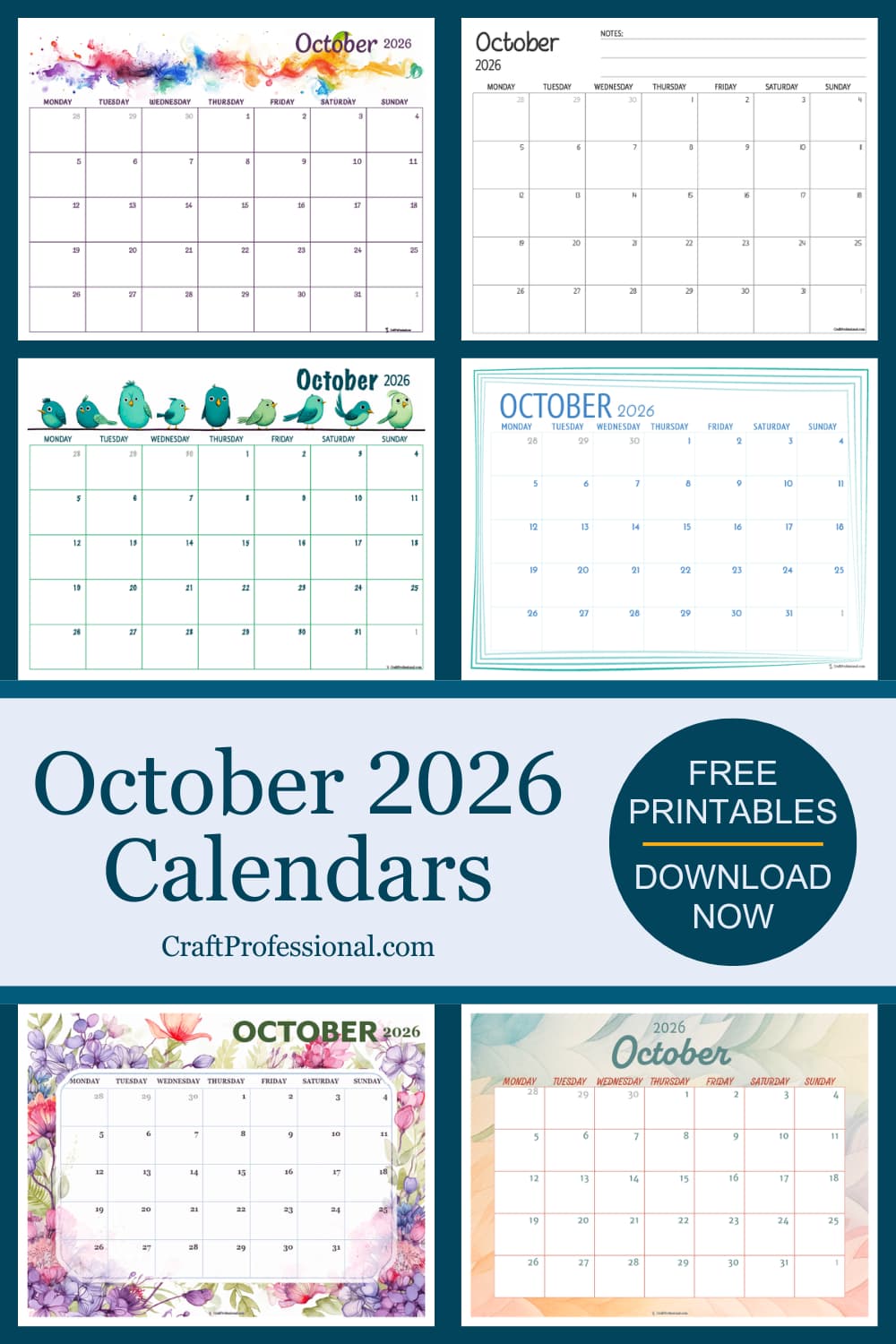 Collage of free printable October 2026 calendar designs in various styles including floral, minimalist, watercolor, and cute illustrations. Text overlay reads "October 2026 Calendars. Free printables. Download now."