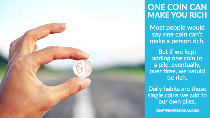 Hand holding coin with text overlay one coin can make you rich. Hand holding coin with text overlay one coin can make you rich.