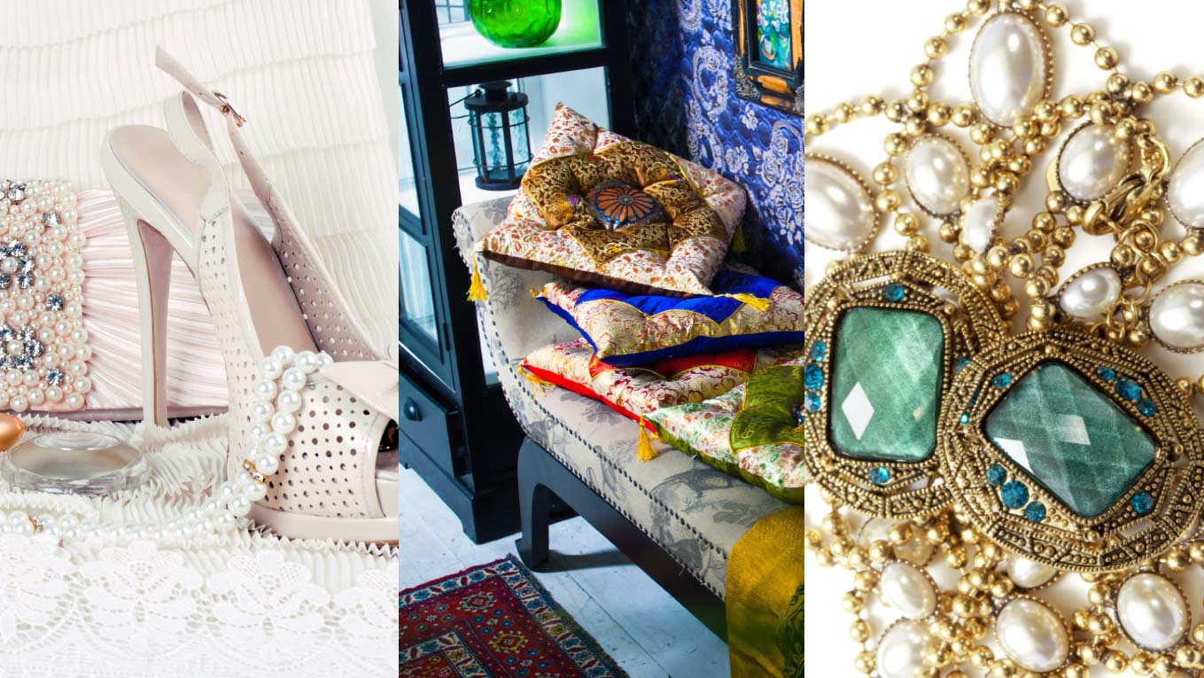 Maximalist and opulence trend for 2025 - Rococo style shoes and accessories, maximalist style home decor, and chunky vintage jewelry.