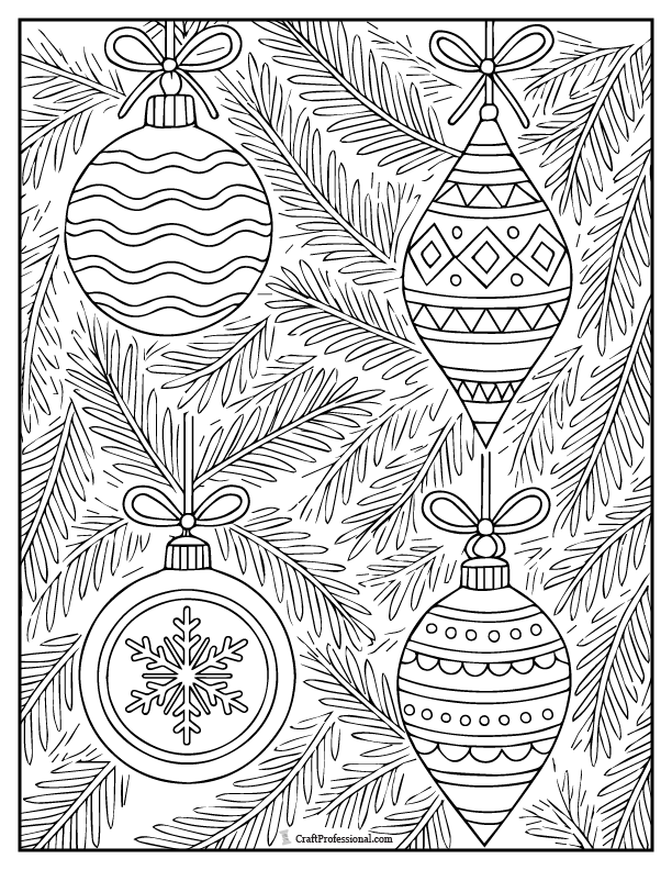 Christmas ornament close-ups, coloring page.