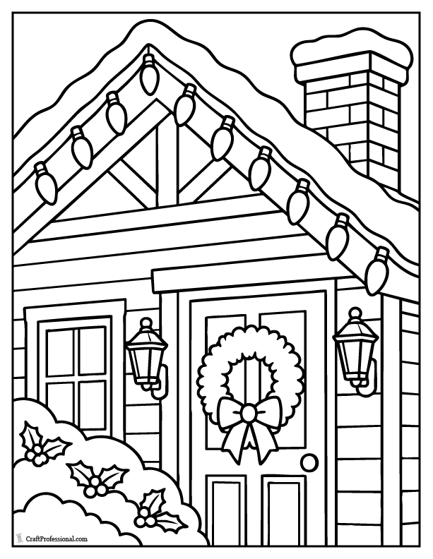 House decorated with outdoor roofline Christmas lights coloring page.