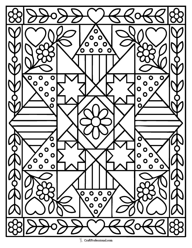 Patchwork quilt Christmas star coloring page with festive patterned sections.