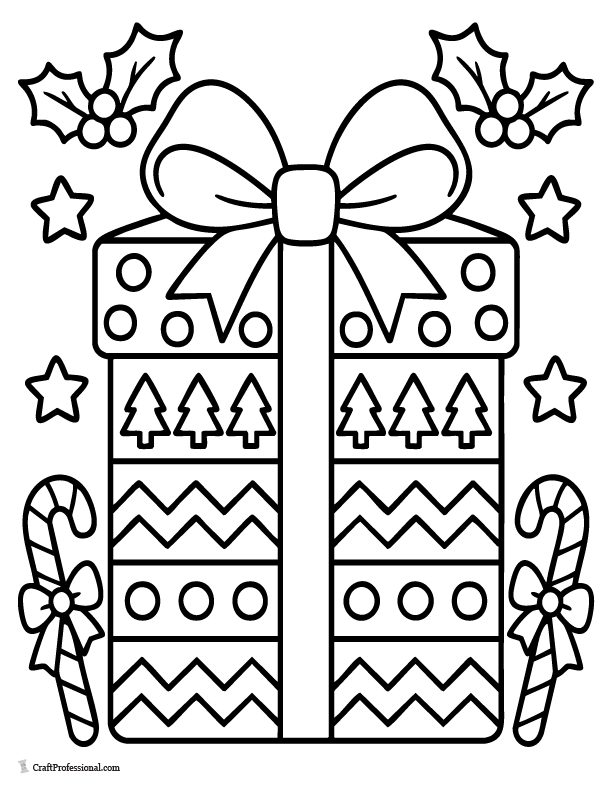 Christmas gift coloring page with decorative patterned wrapping paper and bow.
