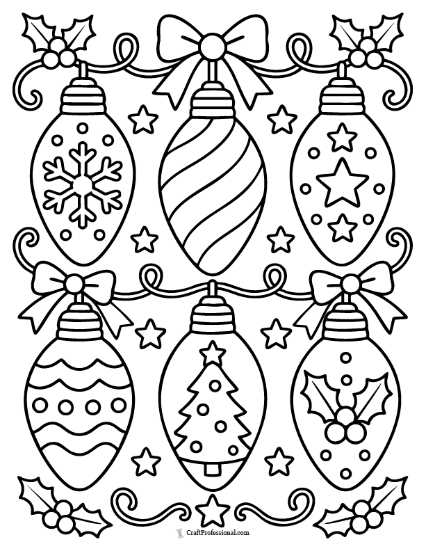 Patterned Christmas light bulbs coloring page.