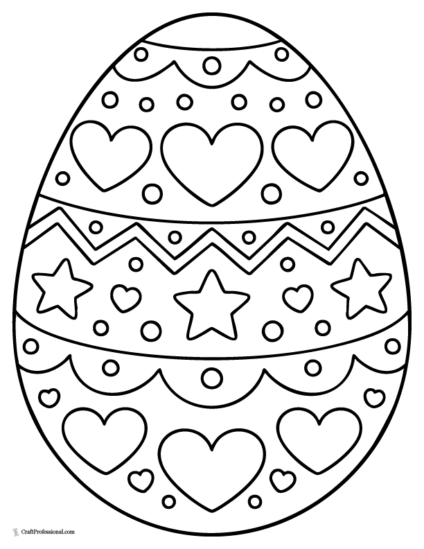 Easter egg coloring page with hearts and stars pattern for kids.