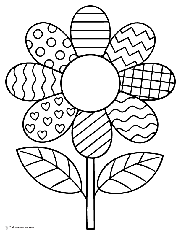 Flower coloring page with patterned petals including dots, stripes, and zigzags.