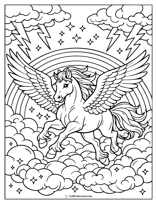 Pegasus galloping through clouds with rainbow lightning in a fantasy coloring page.