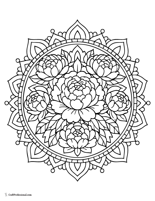 Peony mandala coloring page with layered ruffled petals.