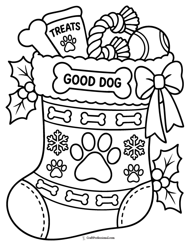 Pet Christmas stocking coloring page with paw prints, pet-themed decorations, and a blank name cuff.
