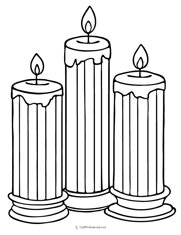 Three lit striped pillar candles in short holders on a Christmas coloring page.