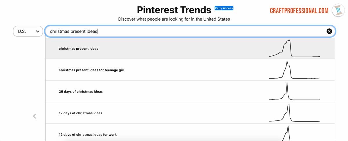 Screenshot of Pinterest Trends tool autocomplete suggestions Screenshot of Pinterest Trends tool autocomplete suggestions