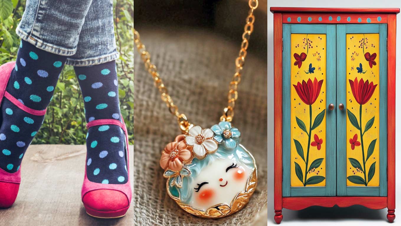 Playful trend for 2025 - Woman wearing patterned socks and contrasting Mary Jane shoes, cute charm necklace, and hand-painted armoire in primary colors.