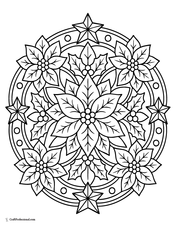Poinsettia and Christmas star mandala coloring page for teens and adults.