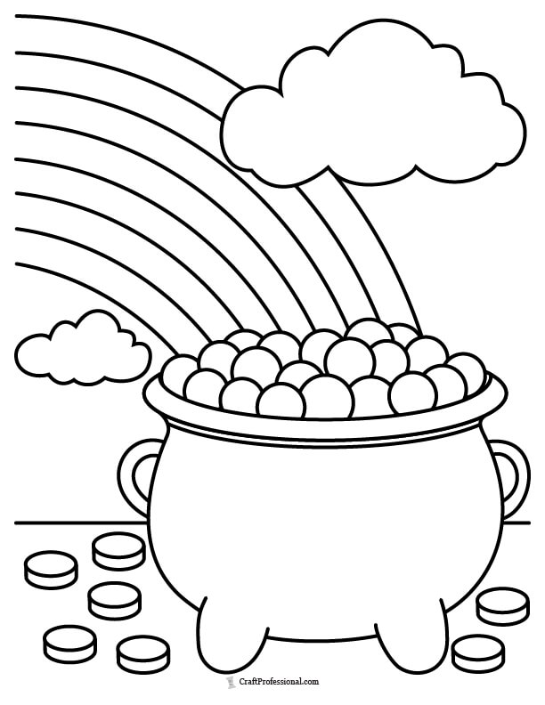 Pot of gold at end of a rainbow coloring page