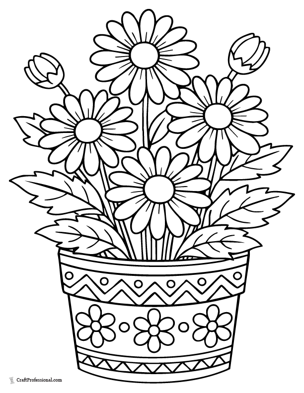 Flower coloring page in decorative patterned pot with simple plant design.