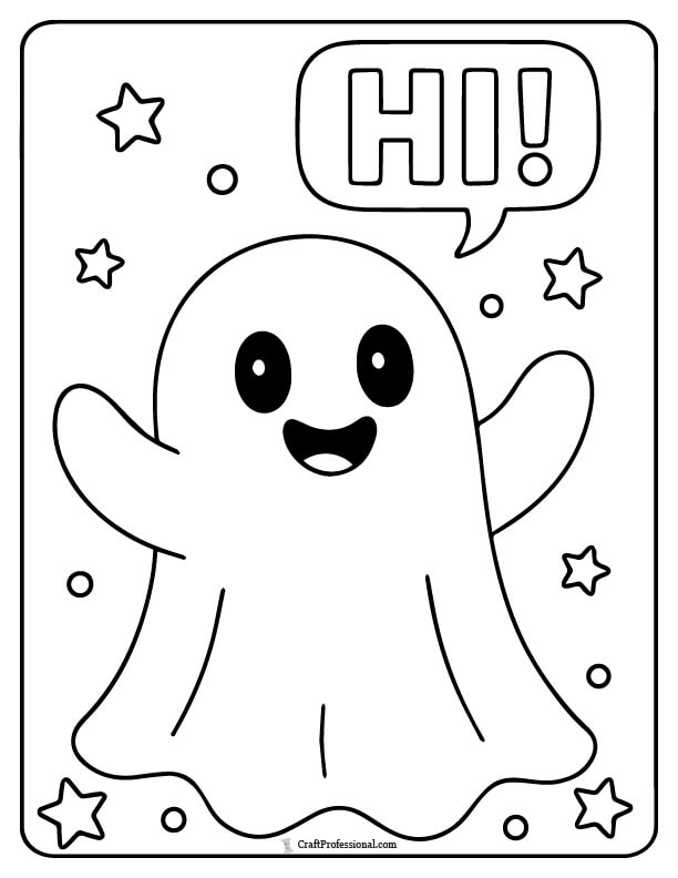 Ghost saying "Hi!" in block letters, coloring page for preschoolers