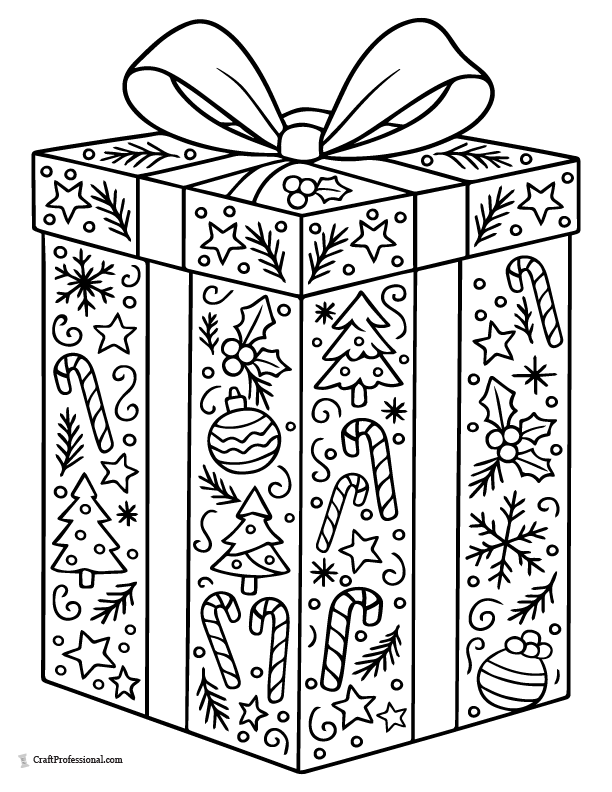 Present wrapped with detailed Christmas wrapping paper and bow coloring sheet.