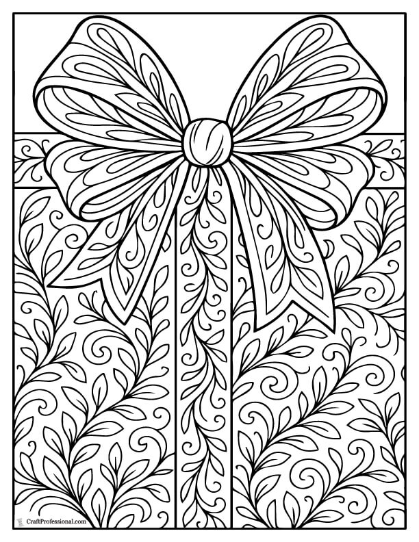 Close-up of ribbon-wrapped box and bow details coloring page for adults.
