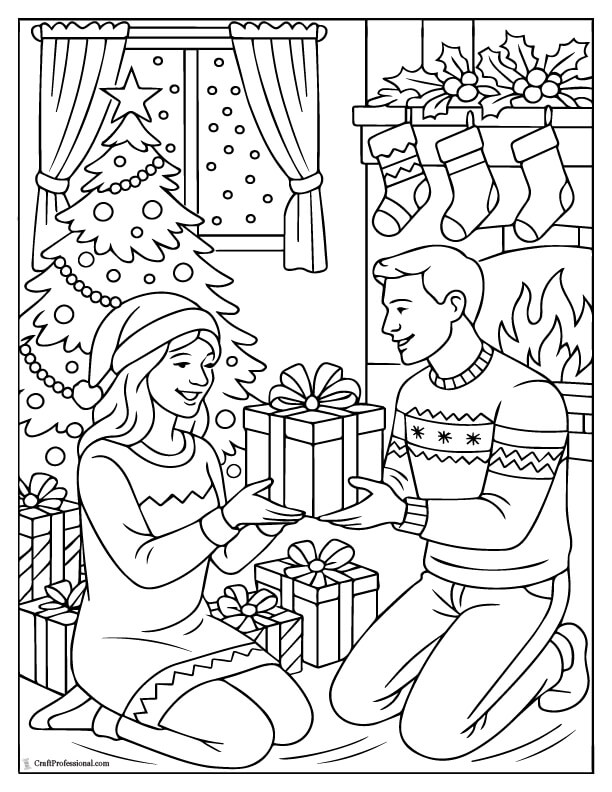 Christmas gift exchange scene, detailed coloring page.
