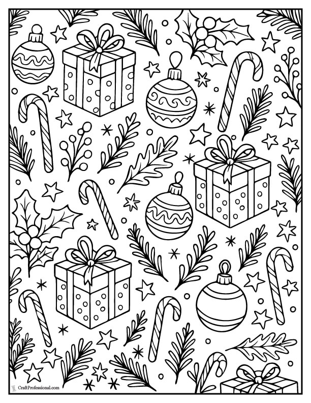 Pattern of Christmas wrapping paper motifs coloring page.