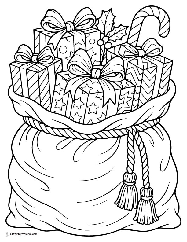 Santa's sack with peeking gift items coloring page.