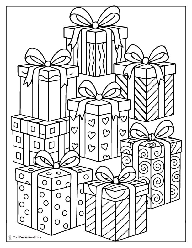 Stack of wrapped Christmas presents, detailed coloring page.