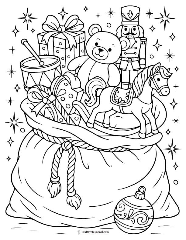 Festive Santa's bag overflowing with toys and sparkle to color.