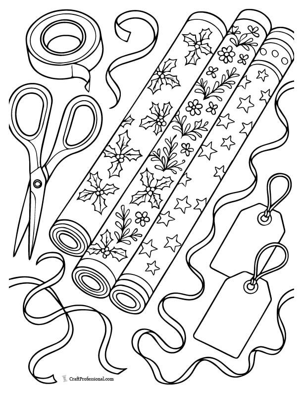 Scissors, tape, Christmas patterned wrapping paper rolls, gift tags, and ribbons mid-wrap. coloring sheet.