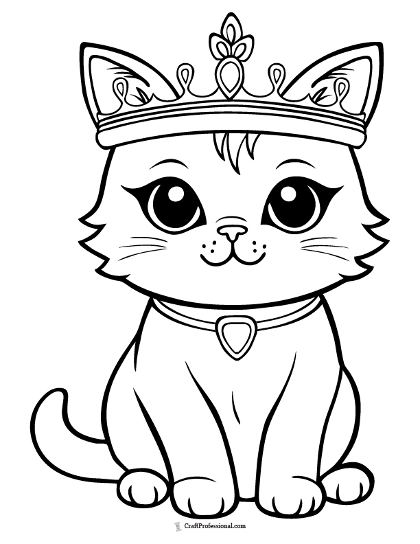 Cat wearing a princess crown coloring page