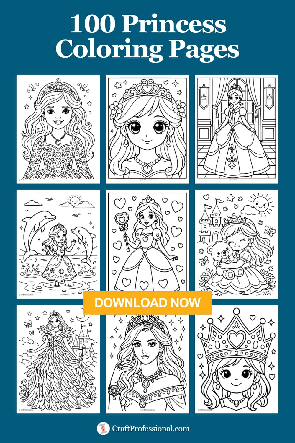 Pinterest pin collage showing several printable princess coloring pages with the text overlay "100 Free Princess Coloring Pages."