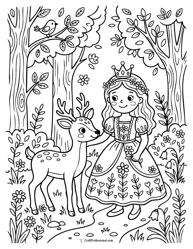 Princess coloring page with a deer in a forest