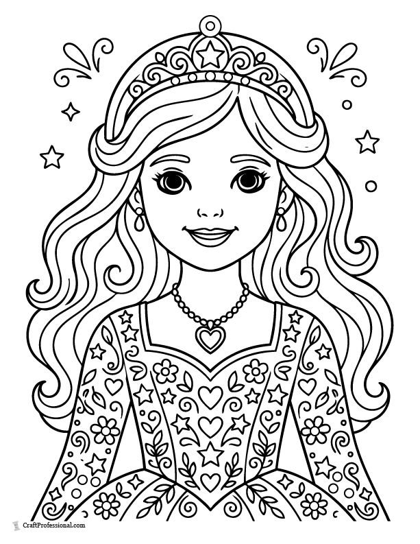 Princess coloring page close-up with detailed gown patterns