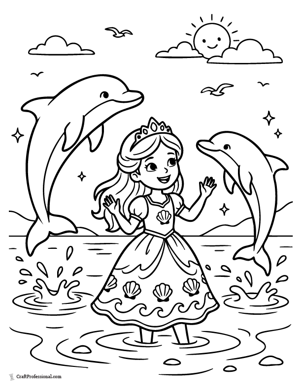 Princess coloring page with dolphins jumping