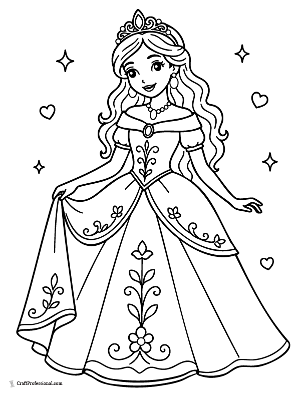 Princess coloring page wearing a royal embroidered dress
